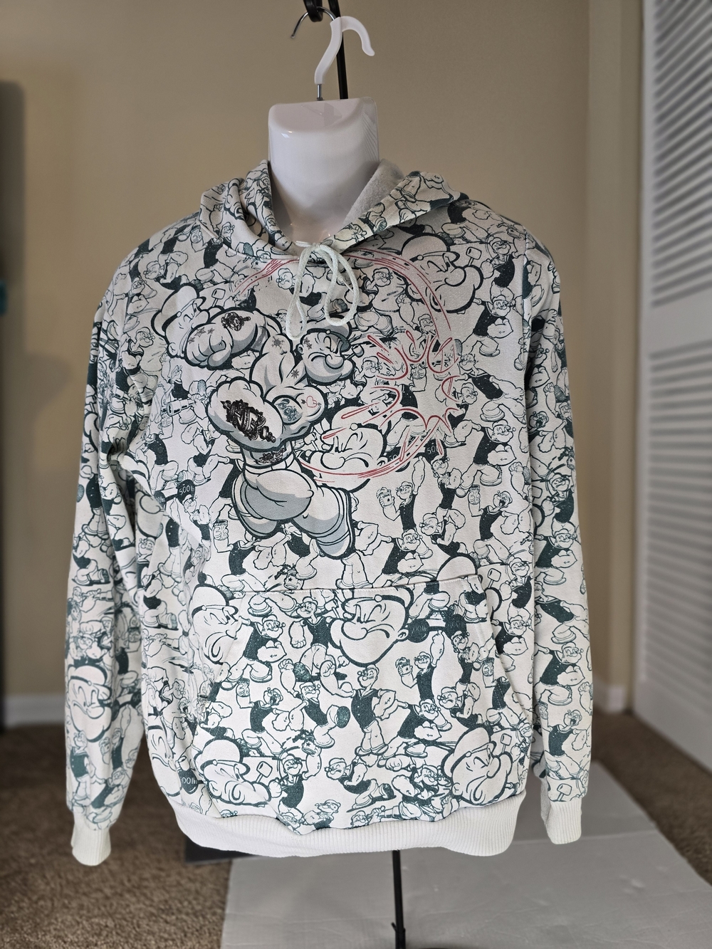 Y2K Popeye All Over Print Pullover Hoodie Sweatshirt Size Medium